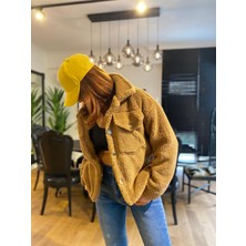 Camel Kısa Boy Cepli Kadın Peluş Ceket