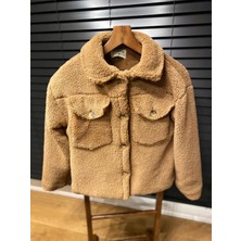 Camel Kısa Boy Cepli Kadın Peluş Ceket