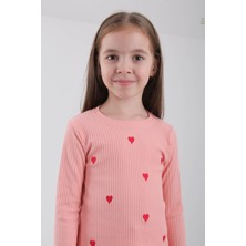 Perendi  Pamuklu Minik Kalp Nakışlı Kız Çocuk Sweatshirt Somon