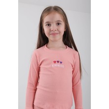 Perendi  Pamuklu Kindness ve Kalp Nakışlı Kız Çocuk Sweatshirt Somon