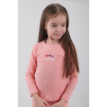 Perendi  Pamuklu Kindness ve Kalp Nakışlı Kız Çocuk Sweatshirt Somon