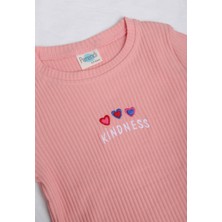 Perendi  Pamuklu Kindness ve Kalp Nakışlı Kız Çocuk Sweatshirt Somon
