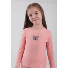 Perendi  Pamuklu Kelebek Nakışlı Kız Çocuk Sweatshirt Somon