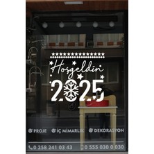 Mıgnatıs El Yazısı Ile Hoşgeldin 2025  Yazısı ve Kar Tanesi Cam Vitrin Mağaza Süslemeleri - Beyaz
