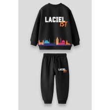 Magu Siyah Istanbul Desenli Kışlık Pamuklu Sweatshirt Eşofman Alt-Üst Takım Unisex