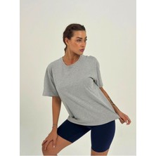 Ayseliza Kadın Koyu Gri  Baskısız Basıc Pamuklu Oversize T-Shirt