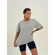 Ayseliza Kadın Koyu Gri  Baskısız Basıc Pamuklu Oversize T-Shirt