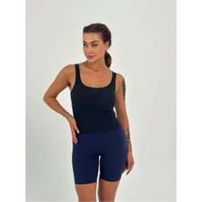 Kadın Lacivert Kaşkorse Kumaş Geniş Askılı Crop Bluz