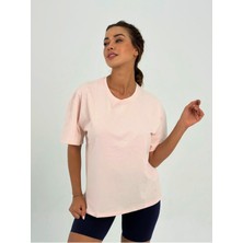 Kadın Pudra Baskısız Basıc Pamuklu Oversize T-Shirt