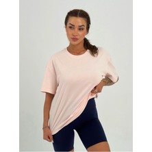 Kadın Pudra Baskısız Basıc Pamuklu Oversize T-Shirt