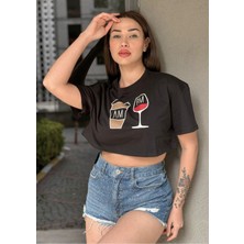 Ayseliza Kadın Siyah Bisiklet Yaka Baskılı Oversize Crop T-Shirt