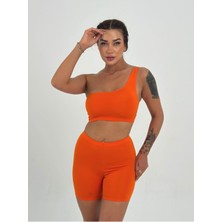 Kadın Turuncu Tek Omuz Detaylı Şort Crop Takım