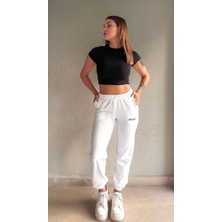 Kadın Yüksek Bel Lastikli Beyaz Eşofman Altı
