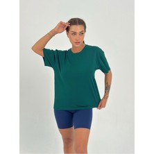 Ayseliza Kadın Yeşil Baskısız Basıc Pamuklu Oversize T-Shirt