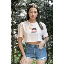 Ayseliza Kadın Pembe Bisiklet Yaka Baskılı Oversize Crop T-Shirt