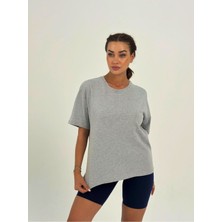Ayseliza Kadın Koyu Gri  Baskısız Basıc Pamuklu Oversize T-Shirt