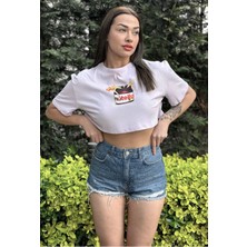 Ayseliza Kadın Lila Bisiklet Yaka Baskılı Oversize Crop T-Shirt