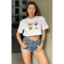 Kadın Gri Bisiklet Yaka Baskılı Oversize Crop T-Shirt