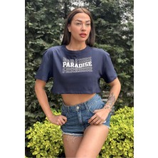 Kadın Lacivert Bisiklet Yaka Baskılı Oversize Crop T-Shirt