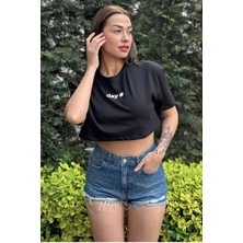 Ayseliza Kadın Siyah Bisiklet Yaka Baskılı Oversize Crop T-Shirt