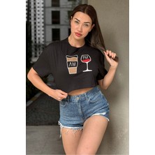Ayseliza Kadın Siyah Bisiklet Yaka Baskılı Oversize Crop T-Shirt