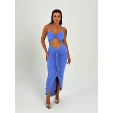 Premium Vücuda Oturan Örme Büzgülü Özel Dekolte Detaylı abiye elbise