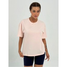 Kadın Pudra Baskısız Basıc Pamuklu Oversize T-Shirt