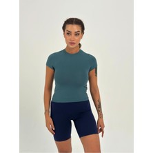 Petrol Yeşili Fitted/vücuda Oturan Crop T-Shirt