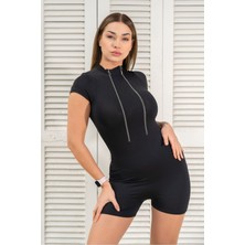 Vücüda Oturan Kadın Spor Şort Tulum / Toparlayıcı Çift Fermuarlı Spor Mayo Tulum Body Tayt Tulum