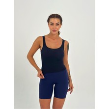 Kadın Lacivert Kaşkorse Kumaş Geniş Askılı Crop Bluz