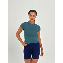 Petrol Yeşili Fitted/vücuda Oturan Crop T-Shirt