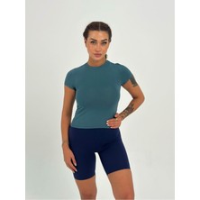 Petrol Yeşili Fitted/vücuda Oturan Crop T-Shirt