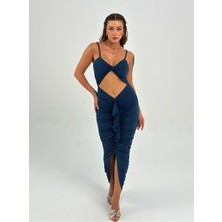 Vücuda Oturan Örme Büzgülü Özel Dekolte Detaylı abiye elbise