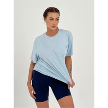 Ayseliza Kadın Bebe Mavisi Baskısız Basıc Pamuklu Oversize T-Shirt