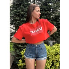 Ayseliza Kadın Kırmızı Bisiklet Yaka Baskılı Oversize Crop T-Shirt