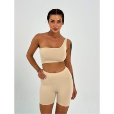 Ayseliza Kadın Bej Tek Omuz Detaylı Şort Crop Takım