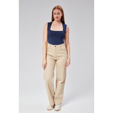 Ayseliza Lacivert Astarlı Sıfır Kol Kare Yaka Dekolteli Çıtçıtlı Bodysuit