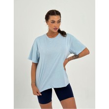 Ayseliza Kadın Bebe Mavisi Baskısız Basıc Pamuklu Oversize T-Shirt