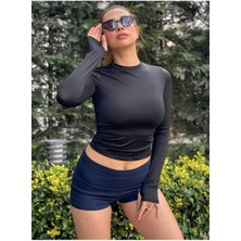 Siyah Bisiklet Yaka Basic Uzun Kollu Parmak Geçirme Detaylı Body