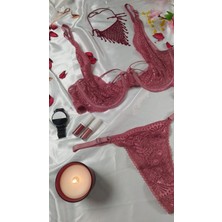 Masal Lingerie Kadın Kapsız Balenli Ipli Gülkurusu Şık Takım Sütyen