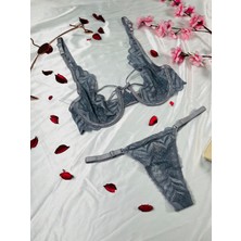 Masal Lingerie Kadın Kapsız Balenli Ipli Gri Şık Takım Sütyen