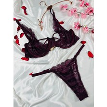 Masal Lingerie Kadın Kapsız Balenli Ipli Mürdüm Şık Takım Sütyen