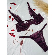 Masal Lingerie Kadın Kapsız Balenli Ipli Mürdüm Şık Takım Sütyen