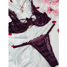 Masal Lingerie Kadın Kapsız Balenli Ipli Mürdüm Şık Takım Sütyen