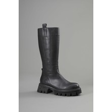 Nakışlı Topuklu Hakiki Deri Siyah Uzun Çizme