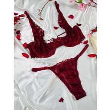 Masal Lingerie Kadın Kapsız Balenli Ipli Bordo Şık Takım Sütyen