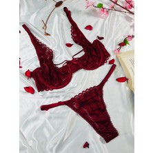 Masal Lingerie Kadın Kapsız Balenli Ipli Bordo Şık Takım Sütyen