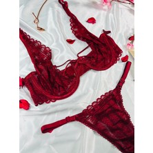 Masal Lingerie Kadın Kapsız Balenli Ipli Bordo Şık Takım Sütyen