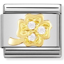 Nomination 18K Altın  ve Kübik Zirkonya ile Paslanmaz Çelik Composable Klasik Iyi Şanslar -18_-BEYAZ Dört Yapraklı Yonca- Renkli