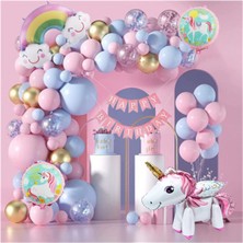 Cugy Pembe Rüya Unikornlu Gökkuşağı Temalı Balon Zinciri Doğum Günü Parti Kutlama Seti